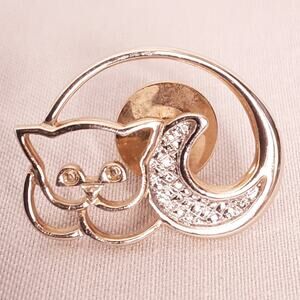 Avon Little Resting Cat Pin Gold Tone And Rhinestones Open Work